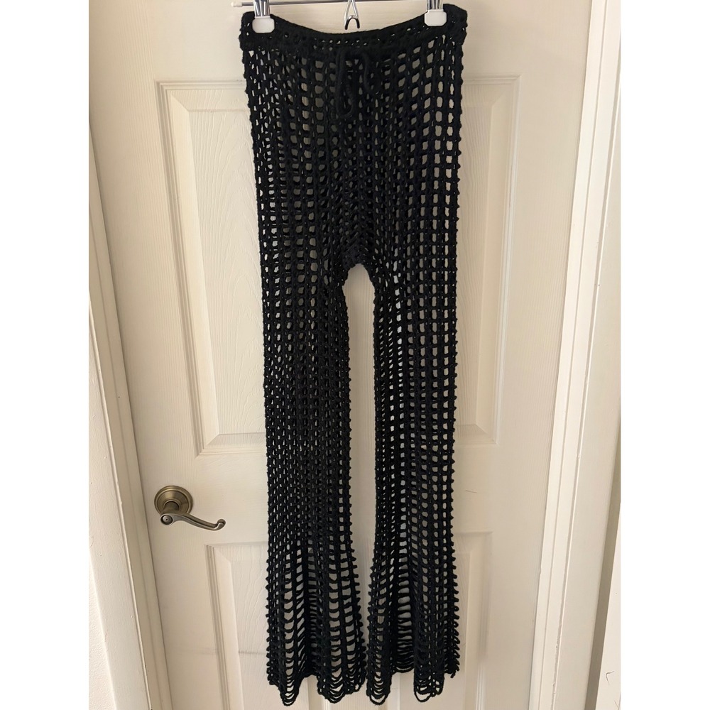 Love Sense Black Crochet Wide Leg Pants Sheer Festival Beach Cover Up Sz S EUC